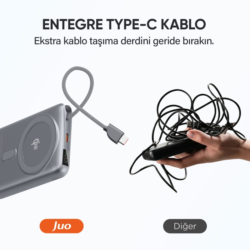Juo 10000mAh Magsafe 15W Qi2 Sertifikalı Powerbank 22.5 Type-C Kablolu Standlı Taşınabilir Kablosuz Hızlı Şarj Cihazı - 3