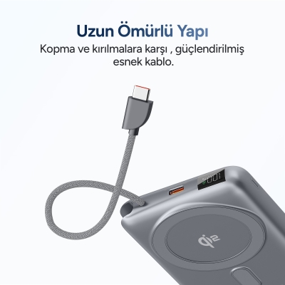 Juo 10000mAh Magsafe 15W Qi2 Sertifikalı Powerbank 22.5 Type-C Kablolu Standlı Taşınabilir Kablosuz Hızlı Şarj Cihazı - 4