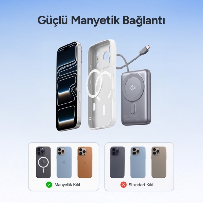 Juo 10000mAh Magsafe 15W Qi2 Sertifikalı Powerbank 22.5 Type-C Kablolu Standlı Taşınabilir Kablosuz Hızlı Şarj Cihazı - 7
