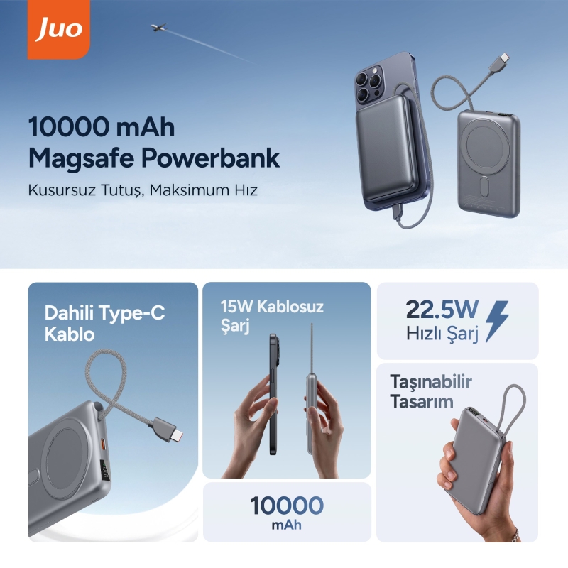 Juo 10000mAh MagSafe Apple Watch Uyumlu 22.5W Kablolu 15W Kablosuz Powerbank Standlı Taşınabilir Hızlı Şarj Cihazı - 2