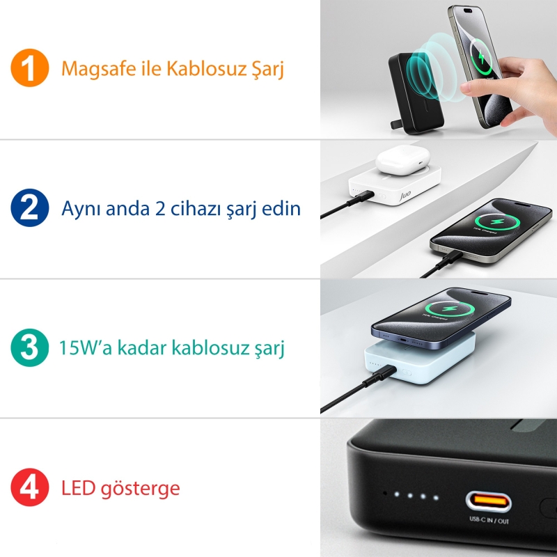 Juo 10000mAh MagSafe Powerbank Standlı PD20W Taşınabilir Kablosuz Hızlı Şarj Cihazı Siyah - 3