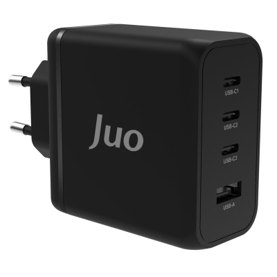 Juo 100W 4 Portlu USB-C + USB-A GaN Şarj Aleti iPhone & Macbook & Notebook Uyumlu PD Type-C Hızlı Şarj Cihazı Siyah - Juo