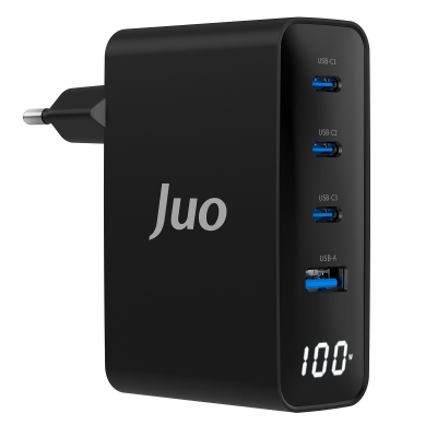 Juo 100W GaN Led Ekranlı 3 Type-C + USB-A Hızlı Şarj Cihazı iPhone & Macbook & Notebook Şarj Aleti - Juo
