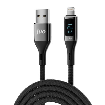 Juo 12W Dijital Led Ekranlı USB-A to Lightning iPhone iPad Örgülü Hızlı Şarj ve Data Kablosu 1 Metre - Juo