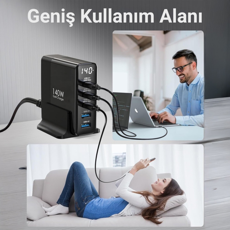 Juo 140W GaN PD 3.1 Masaüstü Hızlı Şarj Cihazı 3 Type-C + 2 USB-A iPhone & MacBook & Laptop Uyumlu Şarj Aleti - 5
