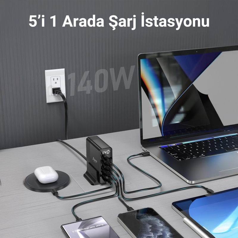 Juo 140W GaN PD 3.1 Masaüstü Hızlı Şarj Cihazı 3 Type-C + 2 USB-A iPhone & MacBook & Laptop Uyumlu Şarj Aleti - 4