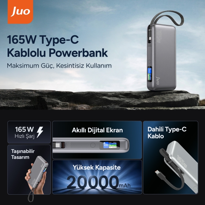 Juo 20000mAh 165W LED Ekranlı Type-C Kablolu Powerbank USB-A + USB-C Macbook Notebook Telefon Taşınabilir PD Hızlı Şarj Cihazı - 2