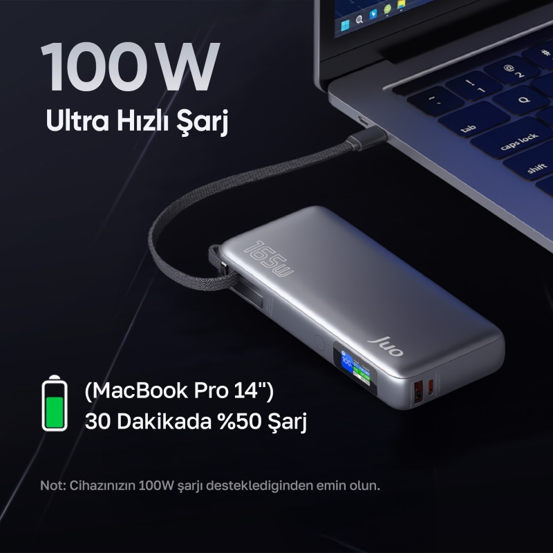 Juo 20000mAh 165W LED Ekranlı Type-C Kablolu Powerbank USB-A + USB-C Macbook Notebook Telefon Taşınabilir PD Hızlı Şarj Cihazı - 4