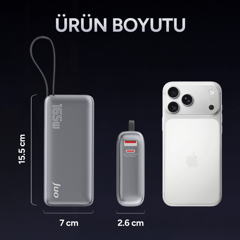 Juo 20000mAh 165W LED Ekranlı Type-C Kablolu Powerbank USB-A + USB-C Macbook Notebook Telefon Taşınabilir PD Hızlı Şarj Cihazı - 8