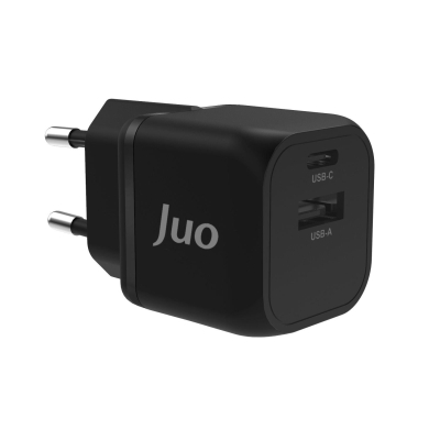 Juo 20W GaN USB-C + USB-A Şarj Aleti iPhone & iPad & Android Uyumlu PD QC4.0 Type-C Hızlı Şarj Cihazı Siyah - Juo
