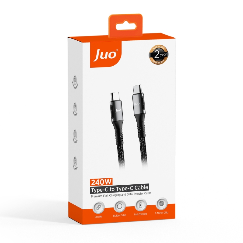 Juo 240W 5A E-Mark Çipli Örgülü USB PD Type-C to Type-C Hızlı Şarj ve Data Kablosu 2 Metre - 7
