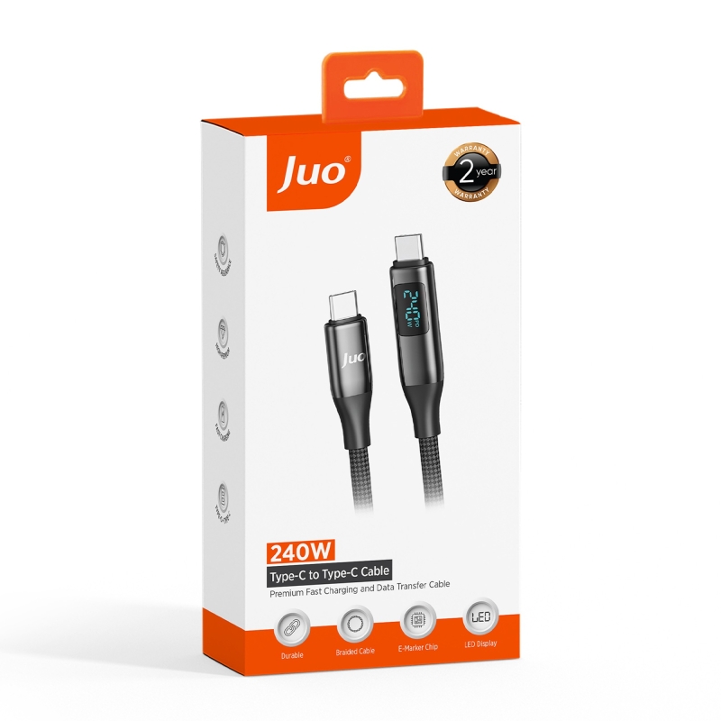 Juo 240W Dijital Led Ekranlı E-Mark Çipli PD 3.1 USB Type-C to Type-C Hızlı Şarj ve Data Kablosu 2 Metre - 7