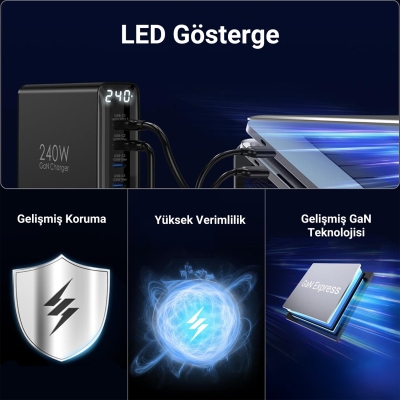 Juo 240W GaN PD 3.1 Masaüstü Hızlı Şarj Cihazı 4 Type-C + 2 USB-A iPhone & MacBook & Laptop Uyumlu Şarj Aleti - 2