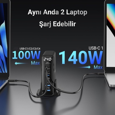 Juo 240W GaN PD 3.1 Masaüstü Hızlı Şarj Cihazı 4 Type-C + 2 USB-A iPhone & MacBook & Laptop Uyumlu Şarj Aleti - 3