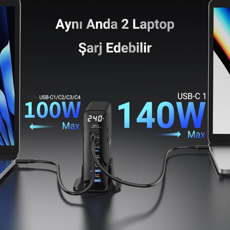 Juo 240W GaN PD 3.1 Masaüstü Hızlı Şarj Cihazı 4 Type-C + 2 USB-A iPhone & MacBook & Laptop Uyumlu Şarj Aleti - 3