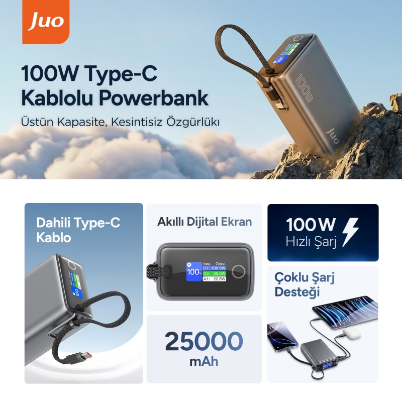 Juo 25000mAh 100W LED Ekranlı Type-C Kablolu Powerbank USB-A + USB-C Macbook Notebook Telefon Taşınabilir PD Hızlı Şarj Cihazı - 2