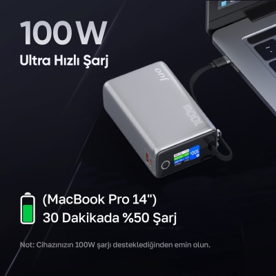 Juo 25000mAh 100W LED Ekranlı Type-C Kablolu Powerbank USB-A + USB-C Macbook Notebook Telefon Taşınabilir PD Hızlı Şarj Cihazı - 4