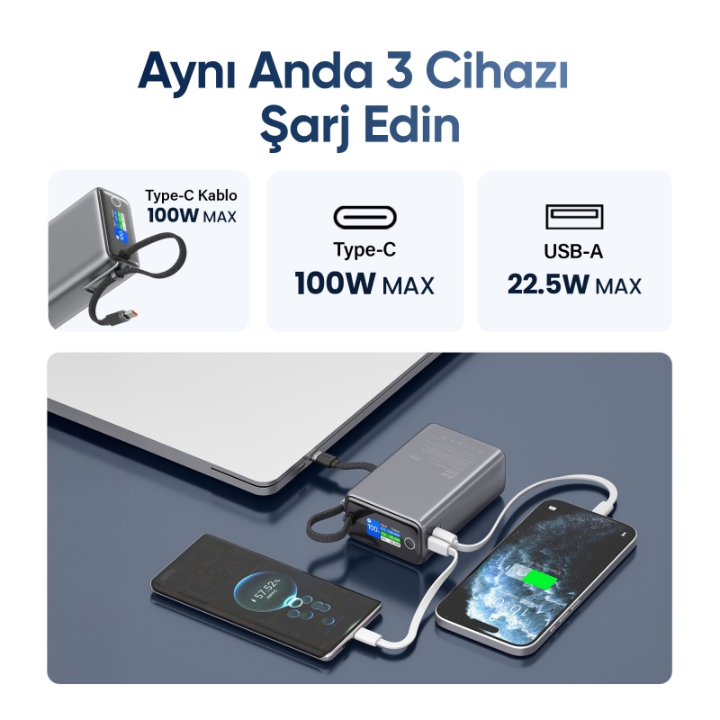 Juo 25000mAh 100W LED Ekranlı Type-C Kablolu Powerbank USB-A + USB-C Macbook Notebook Telefon Taşınabilir PD Hızlı Şarj Cihazı - 5