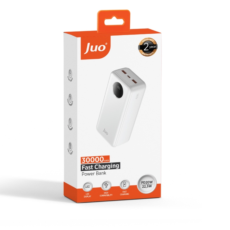 Juo 30000mAh 22.5W Dijital Led Ekranlı Taşınabilir Hızlı Şarj Cihazı Powerbank Beyaz - 6