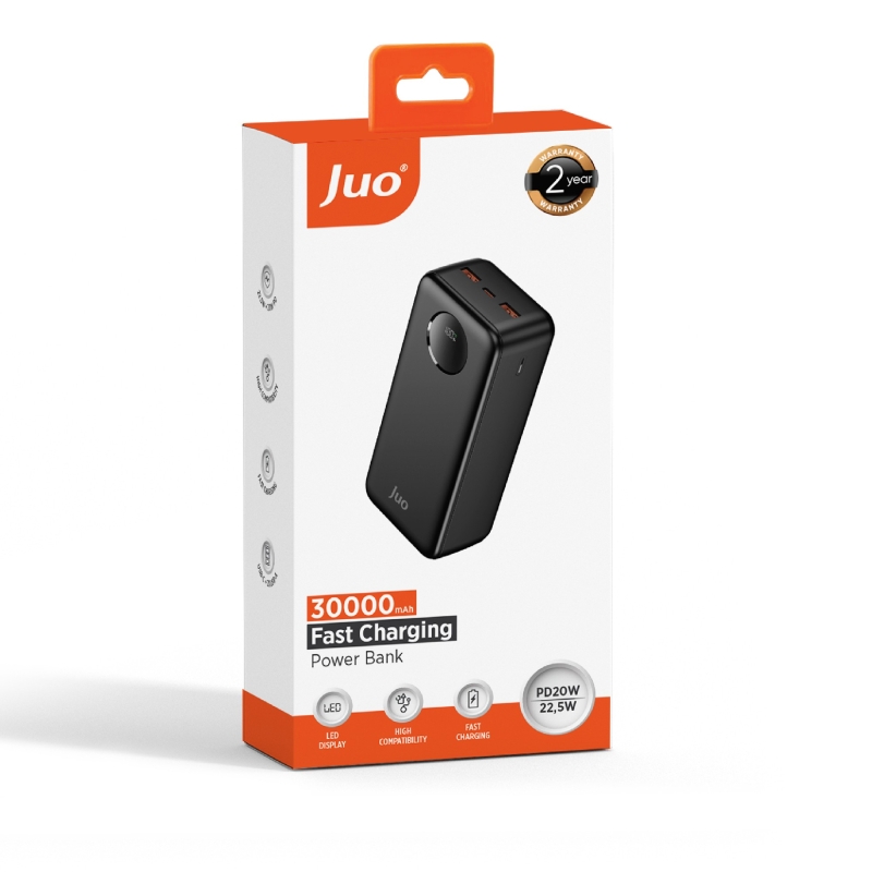 Juo 30000mAh 22.5W Dijital Led Ekranlı Taşınabilir Hızlı Şarj Cihazı Powerbank Siyah - 6