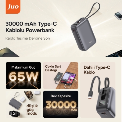 Juo 30000mAh 65W LED Ekranlı USB-A + Type-C Dahili Kablolu Powerbank Taşınabilir PD Hızlı Şarj Cihazı - 2