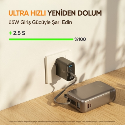 Juo 30000mAh 65W LED Ekranlı USB-A + Type-C Dahili Kablolu Powerbank Taşınabilir PD Hızlı Şarj Cihazı - 5