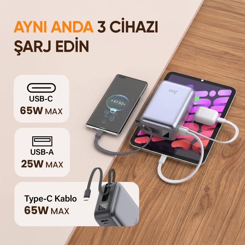 Juo 30000mAh 65W LED Ekranlı USB-A + Type-C Dahili Kablolu Powerbank Taşınabilir PD Hızlı Şarj Cihazı - 4