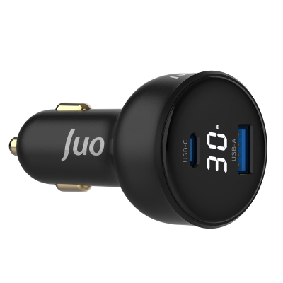 Juo 30W Led Ekranlı Type-C + USB-A Araç Şarj Aleti iPhone & Android & Tablet Araç içi Şarj Cihazı - Juo