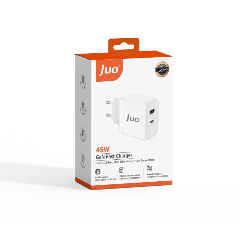 Juo 45W GaN USB-C + USB-A Şarj Aleti iPhone & iPad & Macbook & Samsung Uyumlu PD Type-C Hızlı Şarj Cihazı Beyaz - 7