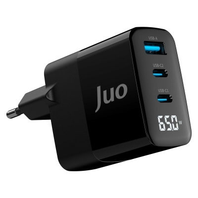 Juo 65W GaN Led Ekranlı Hızlı Şarj Cihazı 2 Type-C + USB-A iPhone & iPad & Notebook Uyumlu Şarj Aleti - Juo