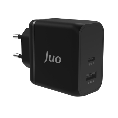 Juo 65W GaN USB-C + USB-A Şarj Aleti iPhone & iPad & Macbook & Notebook Uyumlu PD Type-C Hızlı Şarj Cihazı Siyah - Juo