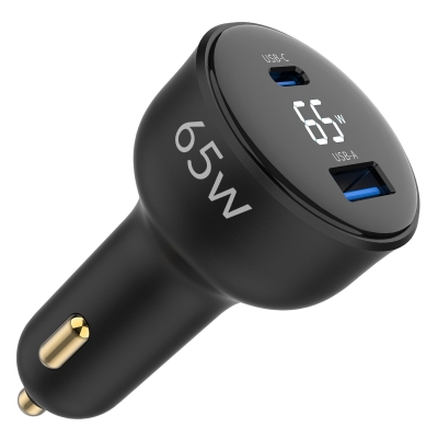 Juo 65W Led Ekranlı Type-C + USB-A Araç Şarj Aleti iPhone & Android & Notebook Araç içi Şarj Cihazı - Juo