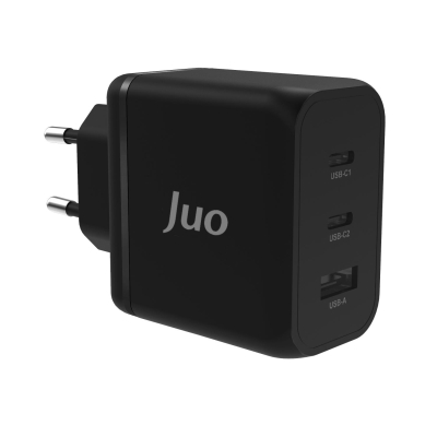 Juo 65W USB-C + USB-A 3 Portlu GaN Şarj Aleti iPhone & Macbook & Notebook Uyumlu PD Type-C Hızlı Şarj Cihazı Siyah - Juo