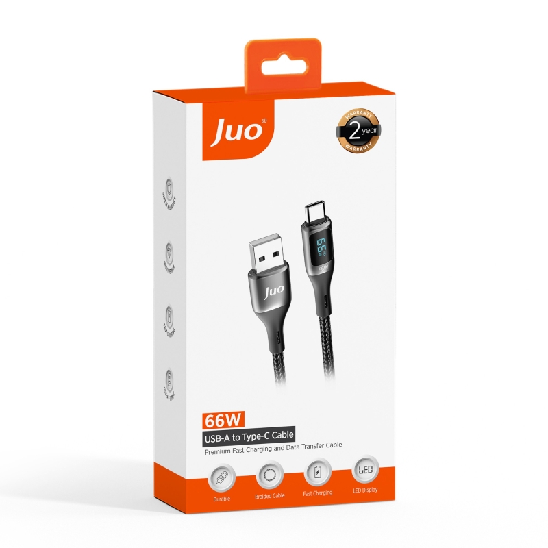 Juo 66W Dijital Led Ekranlı Örgülü USB-A to USB Type-C Hızlı Şarj ve Data Kablosu 1 Metre - 7