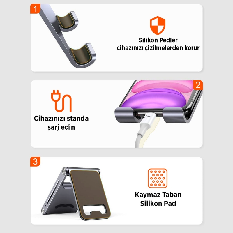 Juo Alüminyum Katlanabilir Metal Masaüstü Telefon Tutucu Standı Gümüş - 5