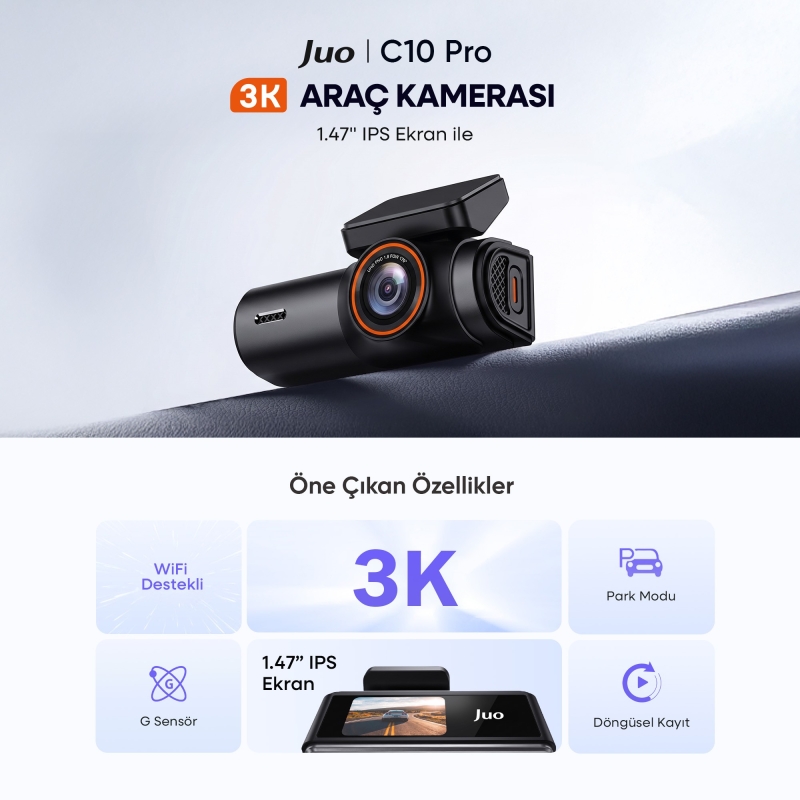 Juo C10 Pro 3K 2688P HDR Wifi Özellikli 170° Geniş Açılı Araç Kamerası - 2
