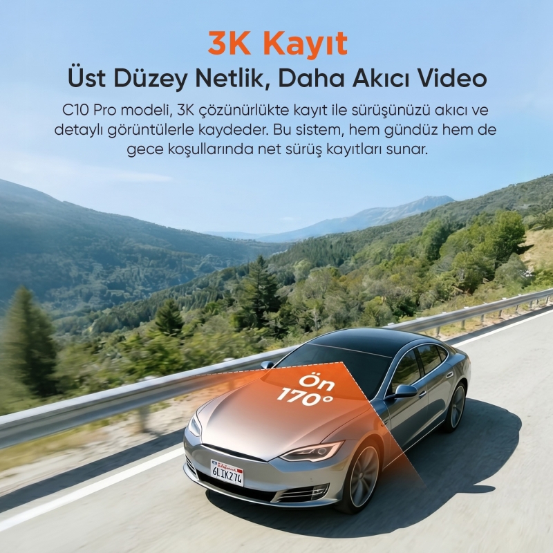 Juo C10 Pro 3K 2688P HDR Wifi Özellikli 170° Geniş Açılı Araç Kamerası - 3