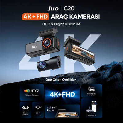 Juo C20 2 Kameralı Ön+Arka 4K+1080P HDR 170° Geniş Açılı Wi-Fi Özellikli GPS'li Araç Kamerası - 2