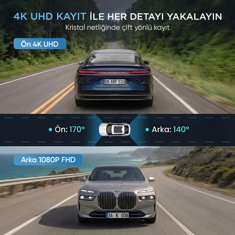 Juo C20 2 Kameralı Ön+Arka 4K+1080P HDR 170° Geniş Açılı Wi-Fi Özellikli GPS'li Araç Kamerası - 3