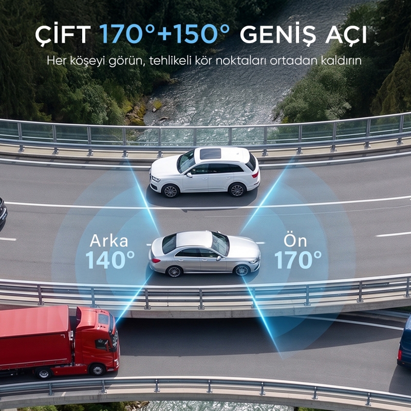 Juo C20 2 Kameralı Ön+Arka 4K+1080P HDR 170° Geniş Açılı Wi-Fi Özellikli GPS'li Araç Kamerası - 4