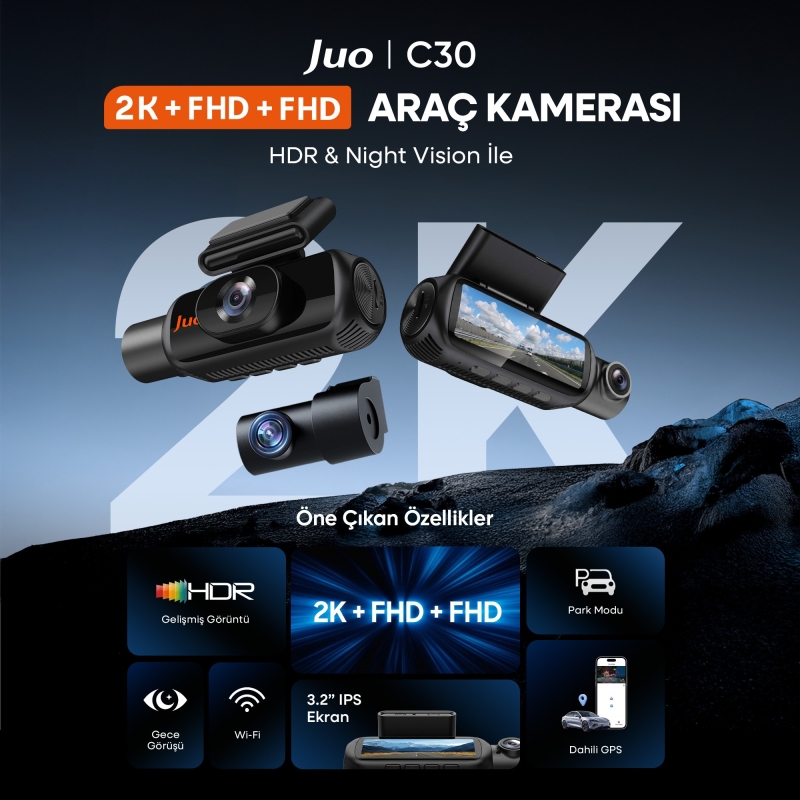 Juo C30 3 Kameralı Ön+İç+Arka 4K+1080P+1080P HDR 170° Geniş Açılı Wi-Fi Özellikli GPS'li Araç Kamerası - 2