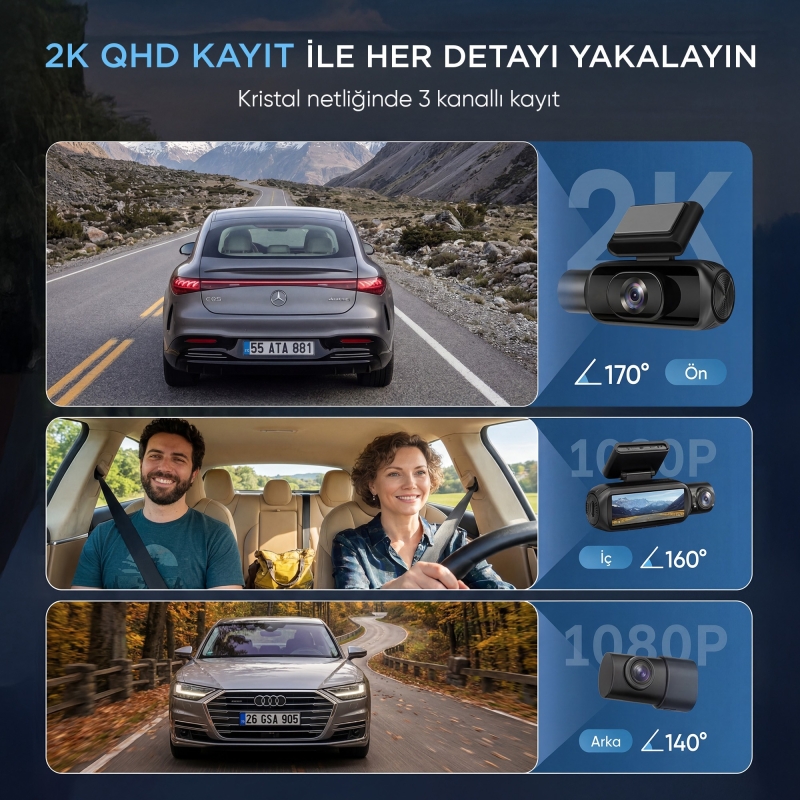 Juo C30 3 Kameralı Ön+İç+Arka 4K+1080P+1080P HDR 170° Geniş Açılı Wi-Fi Özellikli GPS'li Araç Kamerası - 3