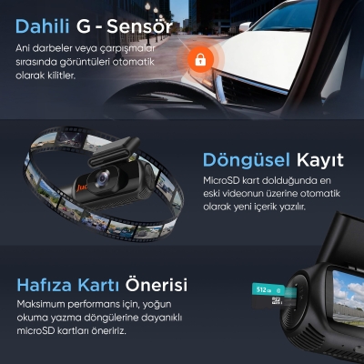 Juo C30 3 Kameralı Ön+İç+Arka 4K+1080P+1080P HDR 170° Geniş Açılı Wi-Fi Özellikli GPS'li Araç Kamerası - 6
