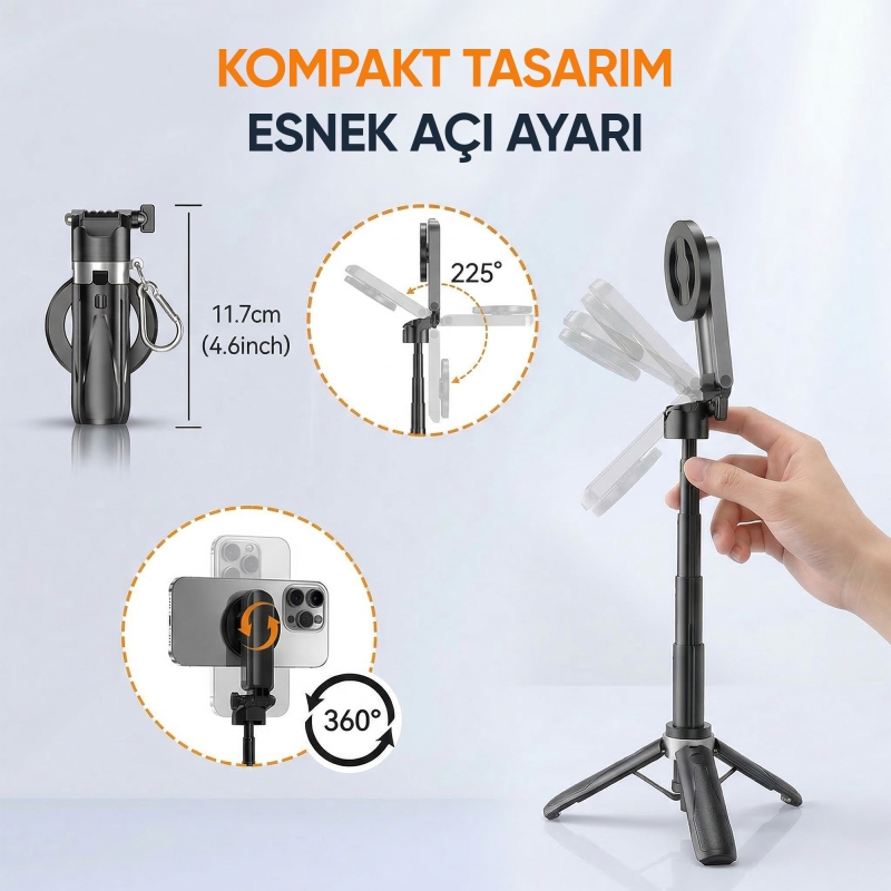 Juo JST30 Magsafe Manyetik Alüminyum Tripod Monopod Selfie Çubuğu Kumandalı Android iPhone Uyumlu Beyaz - 5
