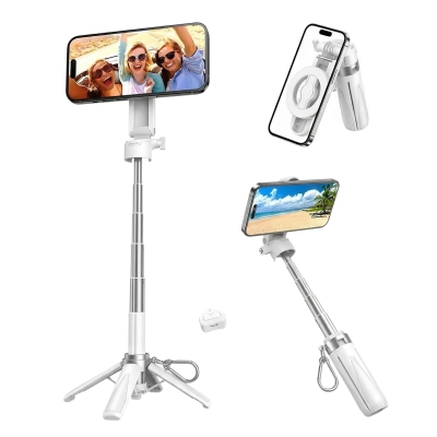 Juo JST30 Magsafe Manyetik Kumandalı Tripod Monopod Selfie Çubuğu Android iPhone Uyumlu Beyaz - Juo