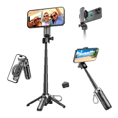 Juo JST30 Magsafe Manyetik Alüminyum Tripod Monopod Selfie Çubuğu Kumandalı Android iPhone Uyumlu Siyah - 1