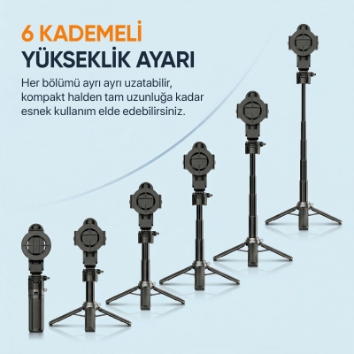 Juo JST30 Magsafe Manyetik Alüminyum Tripod Monopod Selfie Çubuğu Kumandalı Android iPhone Uyumlu Siyah - 6