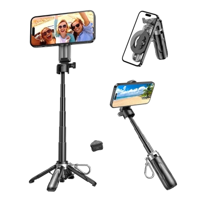 Juo JST30 Magsafe Manyetik Kumandalı Tripod Monopod Selfie Çubuğu Android iPhone Uyumlu Siyah - Juo