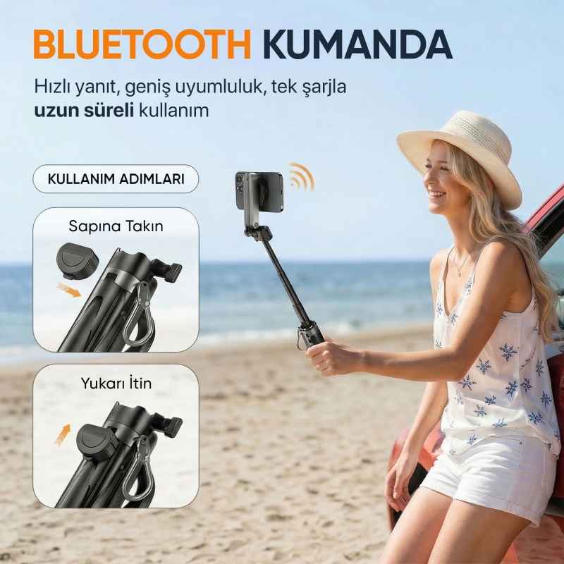 Juo JST30 Magsafe Manyetik Kumandalı Tripod Monopod Selfie Çubuğu Android iPhone Uyumlu Siyah - 4