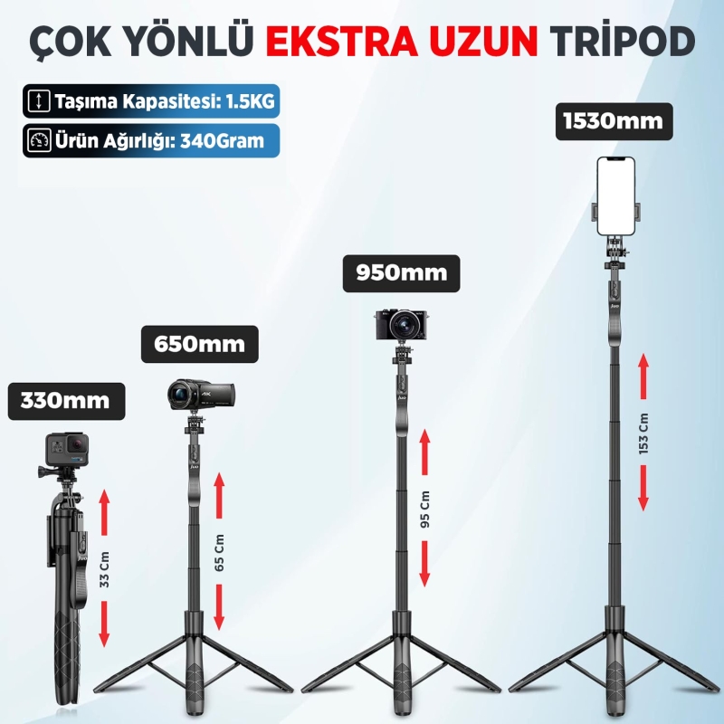 Juo JST40 Alüminyum Tripod Monopod Selfie Çubuğu Kumandalı Android iPhone GoPro Uyumlu - 6
